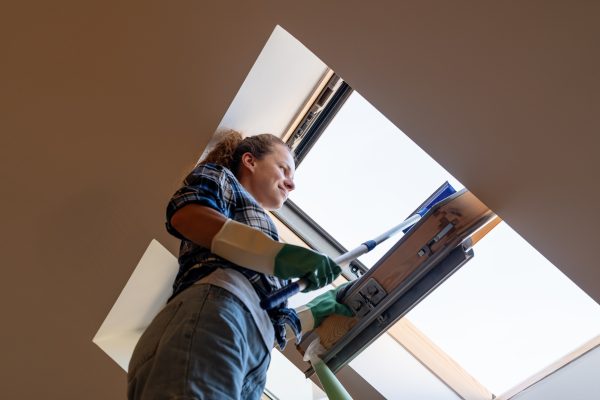 A woman washing and cleaning a skylight window at home.