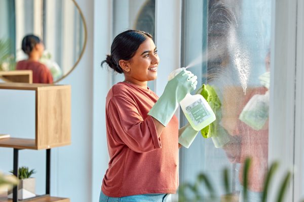 Woman, cleaning and spray product of a cleaner washing a window with a smile in home. Happy working.