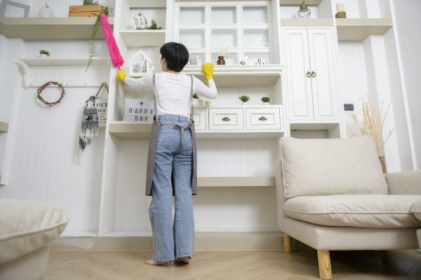 Woman sweeping sofa and furniture to cleaning house